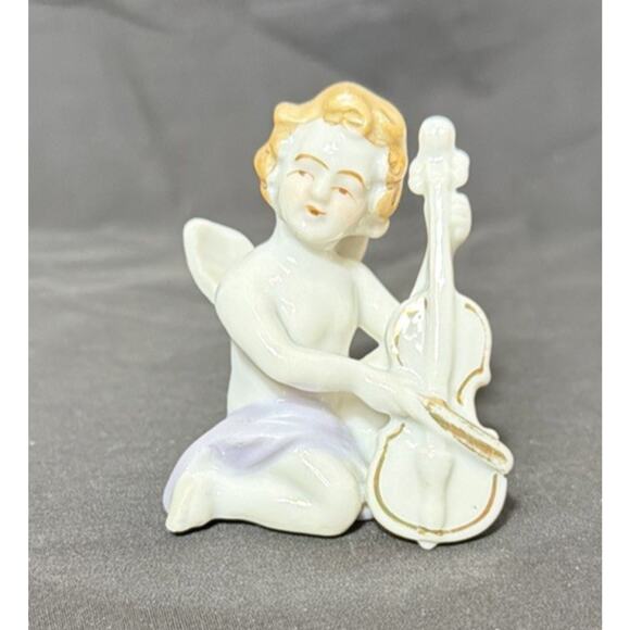 Vintage Angel Ceramic Figurine Cherub Cello Violin Musician Porcelain Japan - Picture 1 of 7